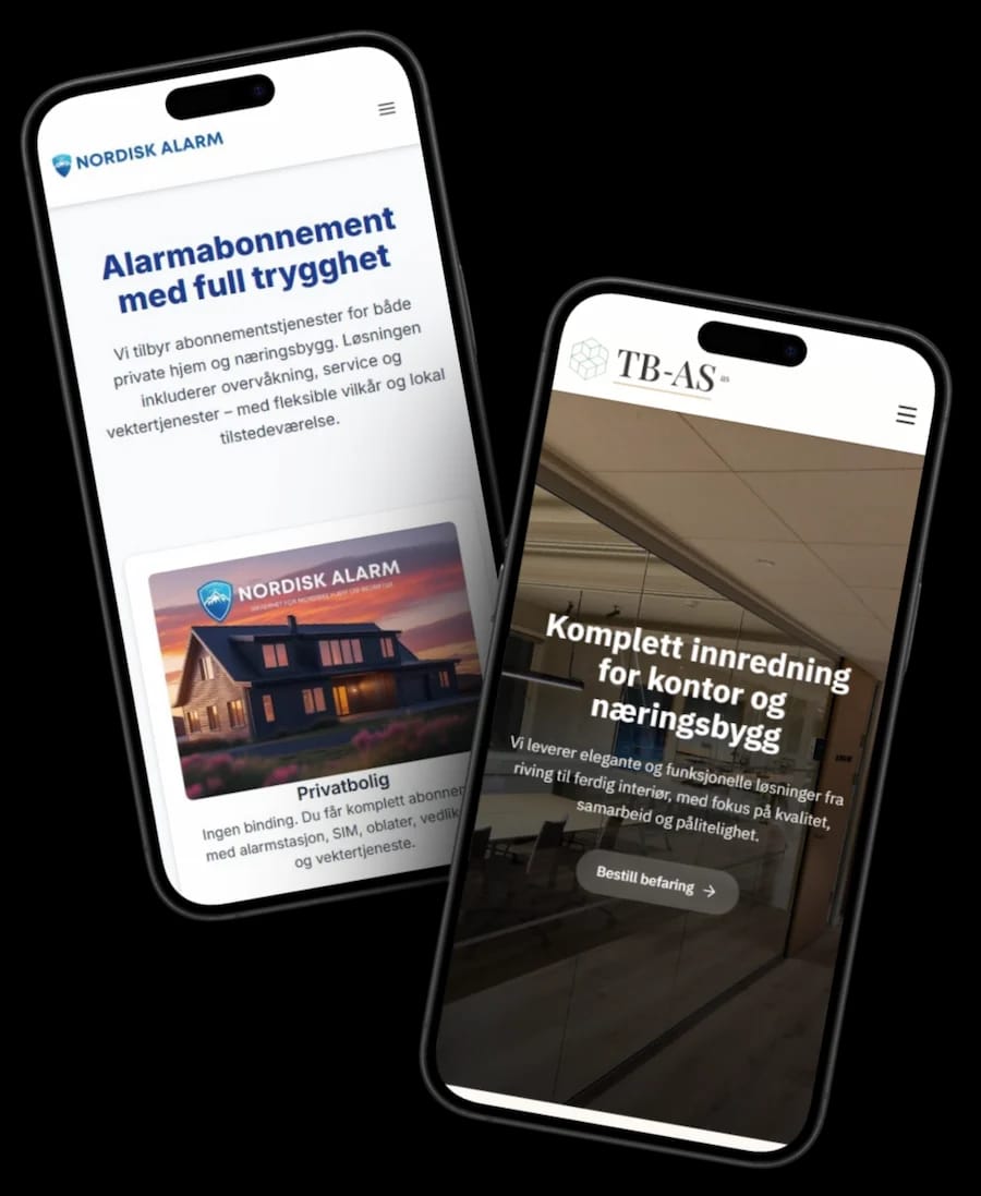 To mobiltelefoner som viser responsive nettsider designet av Din IT-Hjelp