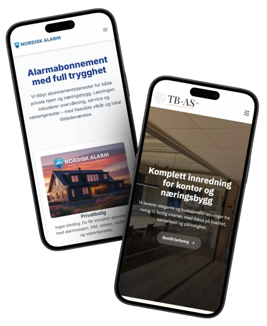 Mobiltelefoner som viser responsive nettsider utviklet av Din IT-Hjelp